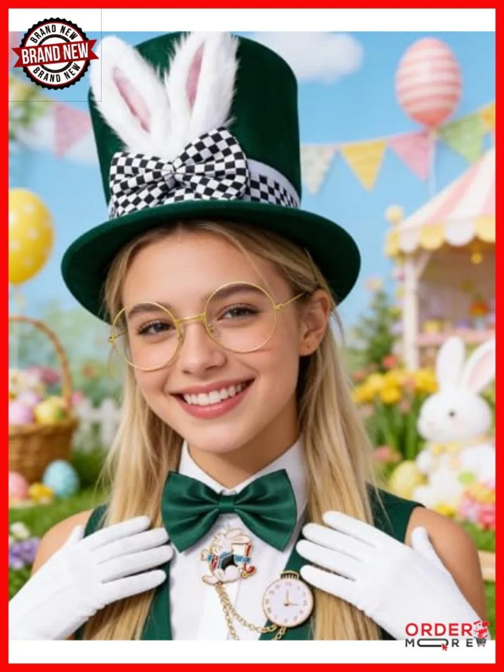White Rabbit Costume Hat with Ears, Bow Tie, Gloves, Glasses, Brooch Set for